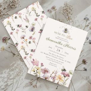 Invitación Mamá a Abeja Flores Silvestres Acuarela Baby Showe