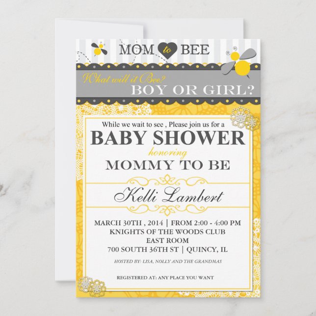 Invitación Mamá a Bee Whimsical Bee Baby Shower (Anverso)