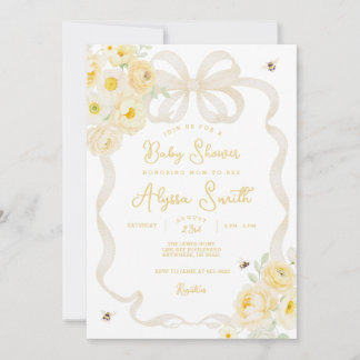 Invitación Mamá abeja a rayas amarillas y baby shower floral