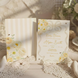 Invitación Mamá abeja a rayas amarillas y baby shower floral