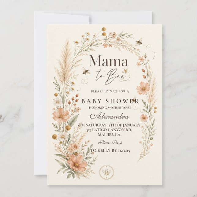Invitación Mama Abeja Ducha de Bebé Botánica (Anverso)