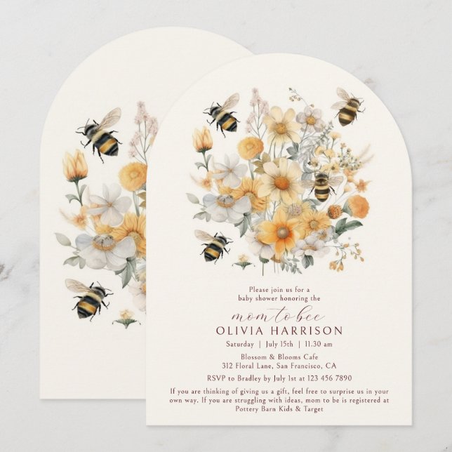Invitación Mamá Abeja Fiesta de Bebé Flores Silvestres para P (Anverso / Reverso)
