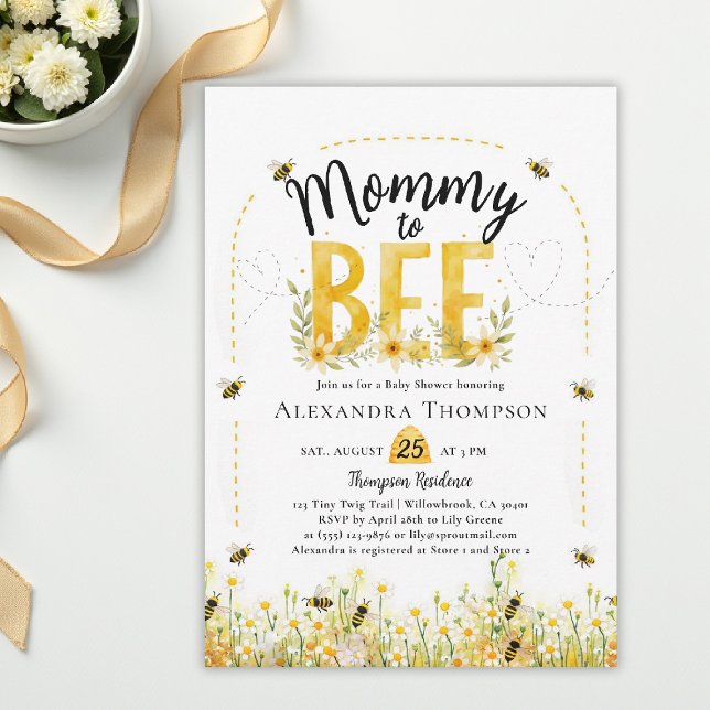 Invitación Mamá Abeja Flores Silvestres Arco Baby Shower (bee baby shower theme invitation spring summer mommy wildflowers little honey watercolor floral)