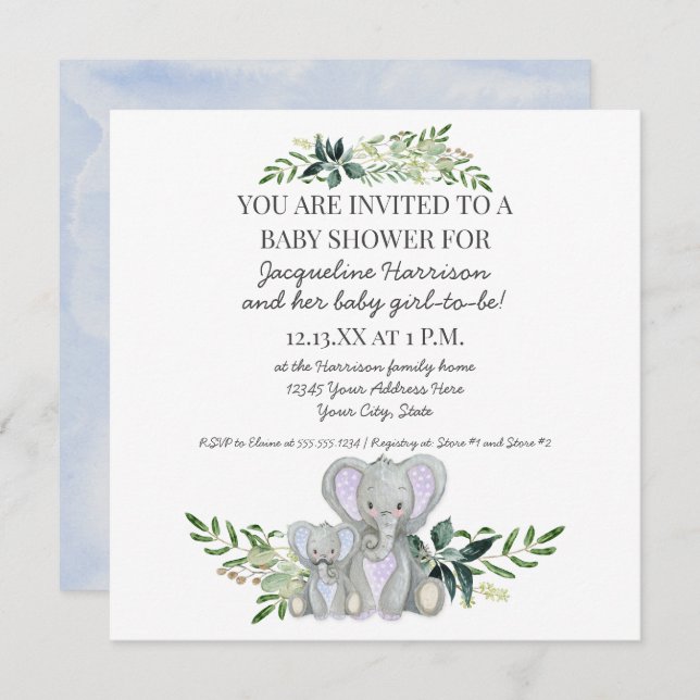 Invitación Mamá azul y elefante bebé con ducha Foliage Boy (Anverso / Reverso)