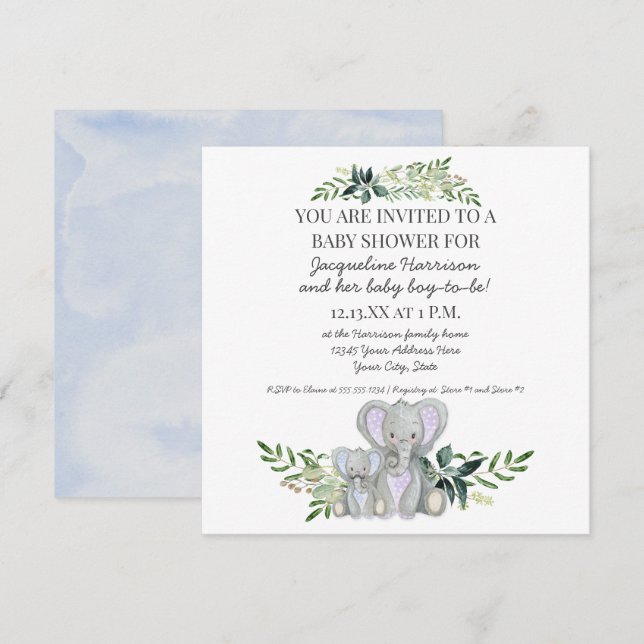 Invitación Mamá azul y elefante bebé con ducha Foliage Boy (Anverso / Reverso)
