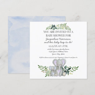 Invitación Mamá azul y elefante bebé con ducha Foliage Boy