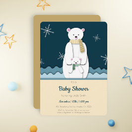 Invitación Mamá azul y oso polar bebé en Baby Shower cavernos