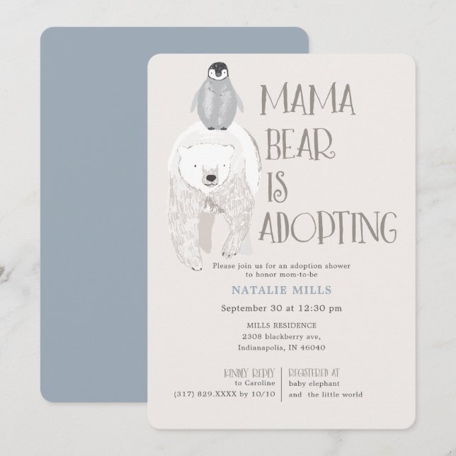 Invitación Mama Bear Adopción Blue Boy Baby Shower (Anverso / Reverso)