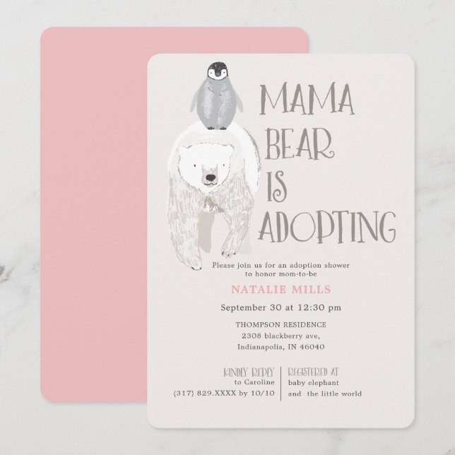 Invitación Mama Bear Adopción Chica Rosa Baby Shower (Anverso / Reverso)