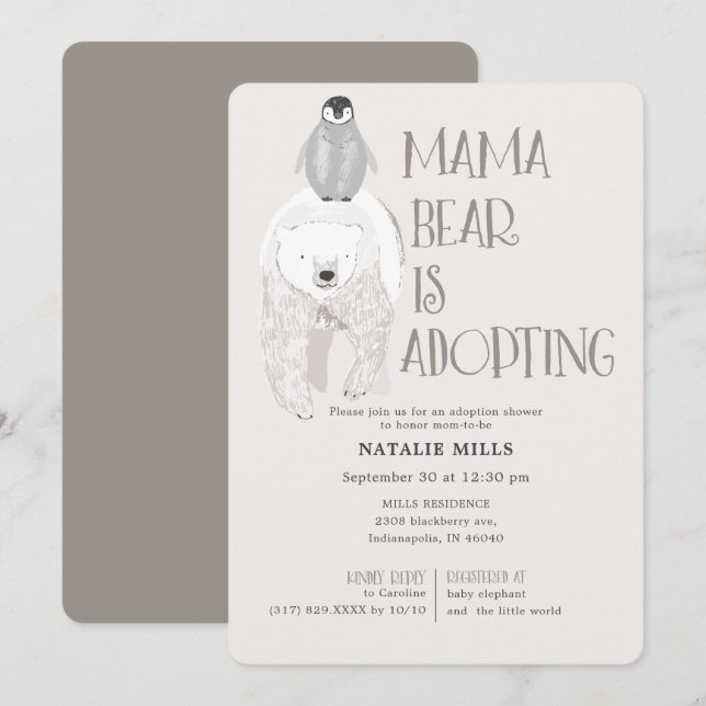 Invitación Mama Bear Adopción Taupe Neutral Baby Shower (Anverso / Reverso)