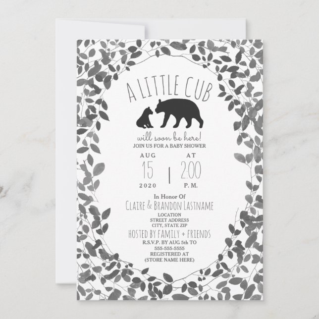 Invitación Mama + Bear Cub Negro + White Foliage Baby Shower (Anverso)