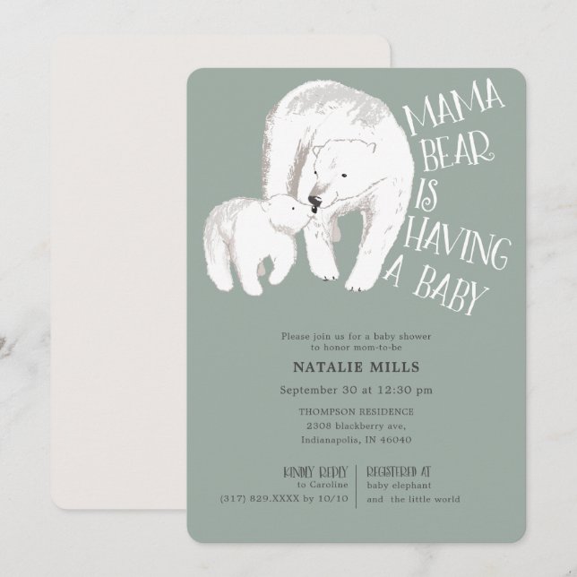 Invitación Mama Bear Green Neutral Baby Shower (Anverso / Reverso)
