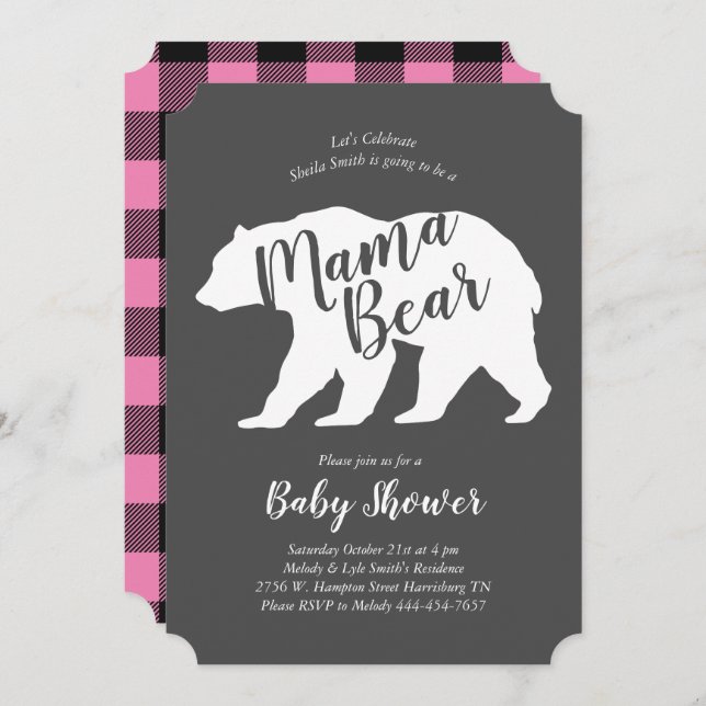 Invitación Mama Bear Lodge Baby Shower Pink Plaid Chica (Anverso / Reverso)