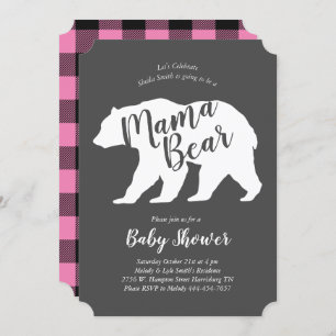Invitación Mama Bear Lodge Baby Shower Pink Plaid Chica