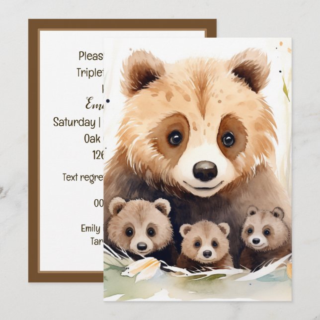 Invitación Mama Bear y Cubs Triplet Baby Shower (Anverso / Reverso)