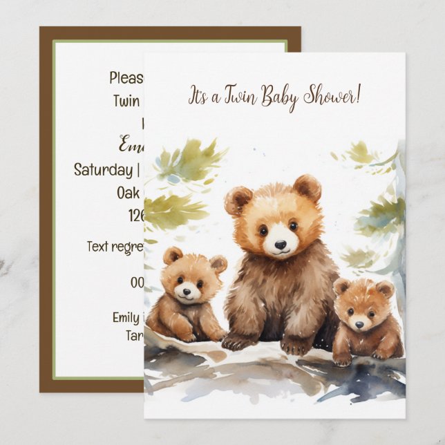 Invitación Mama Bear y Cubs Twin Baby Shower (Anverso / Reverso)