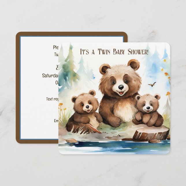 Invitación Mama Bear y Cubs Twin Baby Shower (Anverso / Reverso)