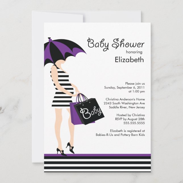 Invitación Mamá bebé ducha negra y púrpura (Anverso)