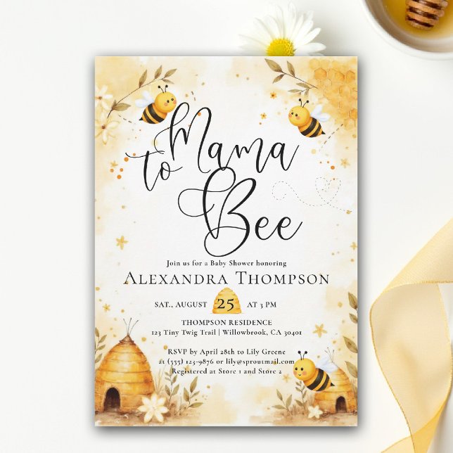Invitación Mama Bee Summer Hive Bumblebee Script Baby Shower (mama to bee baby shower theme invitation spring summer little honey watercolor elegant bumblebee)