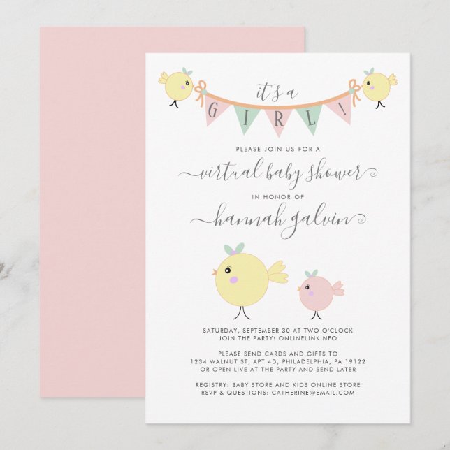 Invitación Mama Bird Little Chica Virtual Baby Shower (Anverso / Reverso)