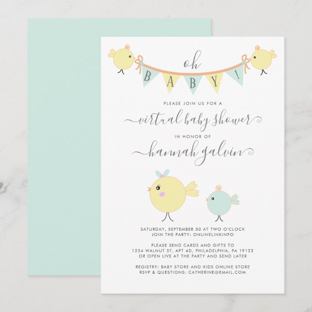 Invitación Mama Bird Little Chick Virtual Baby Shower (Anverso / Reverso)