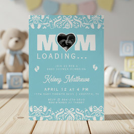 Invitación Mamá cargando foto de ultrasonido Baby Shower azul