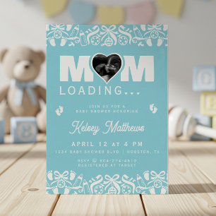 Invitación Mamá cargando foto de ultrasonido Baby Shower azul