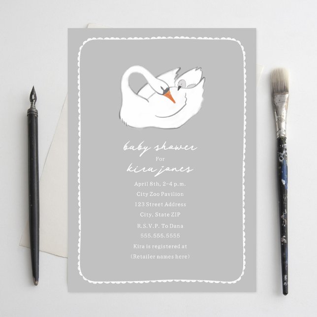 Invitación Mamá cisne de mano y gris de Baby Shower (Subido por el creador)