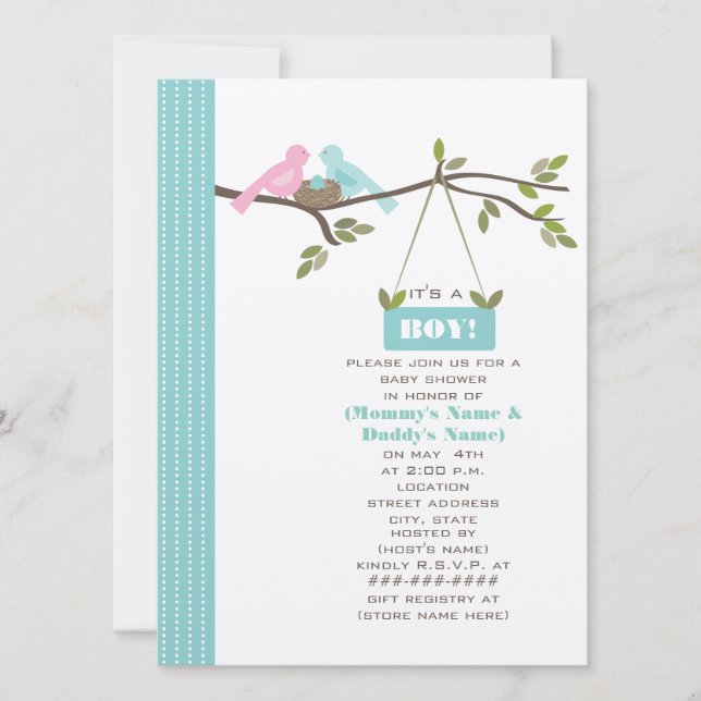 Invitación Mamá de Baby Shower y pájaros y jerarquía azules (Anverso)