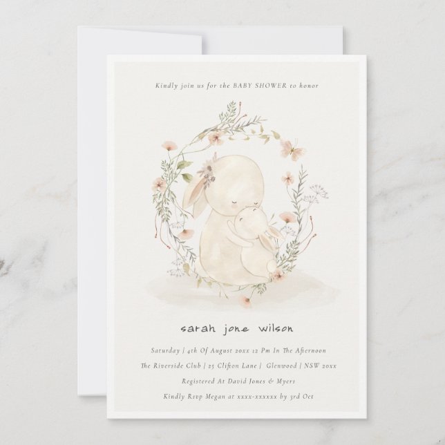 Invitación Mamá de bebé suave lindo Bunny Floral Wreath Baby  (Anverso)