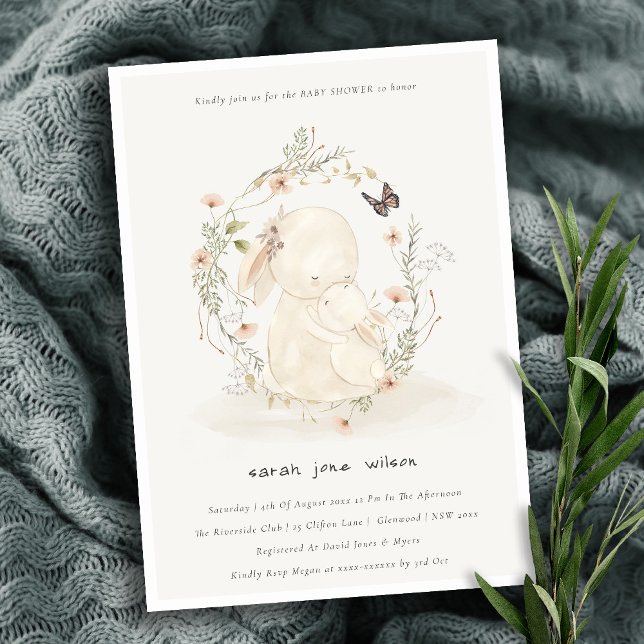 Invitación Mamá de bebé suave lindo Bunny Floral Wreath Baby  (Subido por el creador)