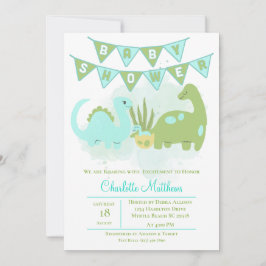 Invitación Mamá de dinosaurios de la Cuta Azul Verde y Baby S