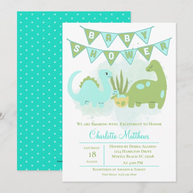 Invitación Mamá de dinosaurios de la Cuta Azul Verde y Baby S (Anverso / Reverso)