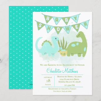 Invitación Mamá de dinosaurios de la Cuta Azul Verde y Baby S