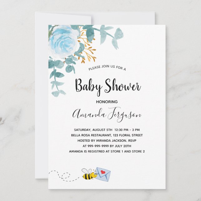 Invitación Mamá de la vegetación floral azul de Baby Shower b (Anverso)
