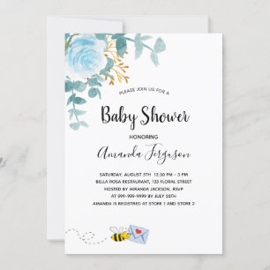 Invitación Mamá de la vegetación floral azul de Baby Shower b