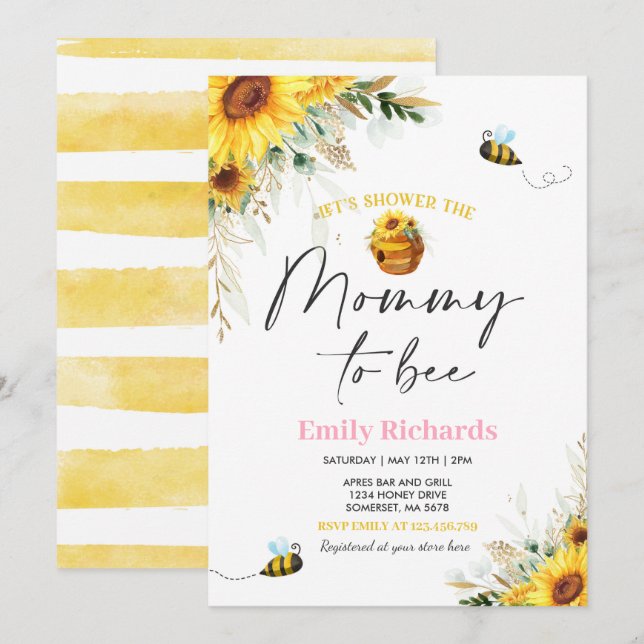 Invitación Mamá Del Girasol De La Abeja De La Miel (Anverso / Reverso)