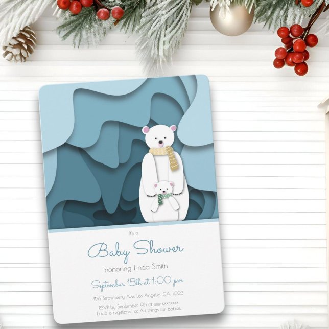 Invitación Mamá del oso polar azul y bebé en Baby Shower de c (Subido por el creador)