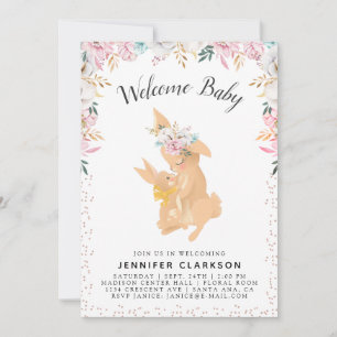 Invitación Mamá Dulce y Conejitos Bebés Bienvenido Bebé