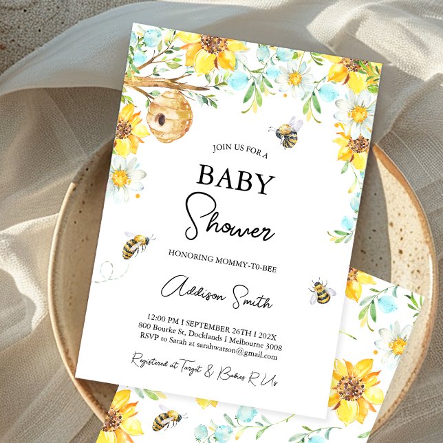 Invitación Mamá Floral Amarilla Azul Se Convierte En Baby Sho (Boys Mommy-To-Bee Bee Themed Baby Shower Invitation Floral Bumble Bee baby Shower Invite, Honey Bee)
