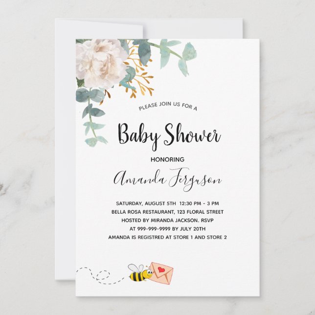 Invitación Mamá floral blanca de eucalipto de Baby Shower a l (Anverso)