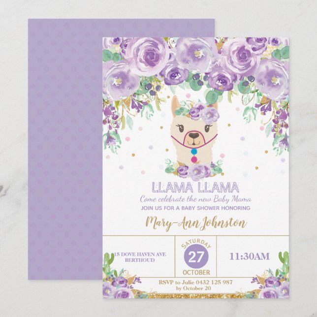 Invitación Mamá floral púrpura caprichosa Baby Shower de la (Anverso / Reverso)