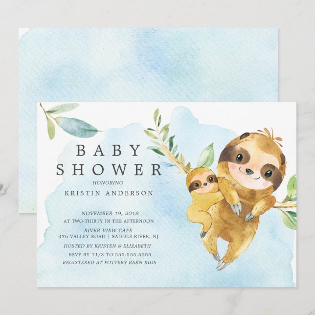Invitación Mamá linda con el Baby Shower de Baby Sloth (Anverso / Reverso)