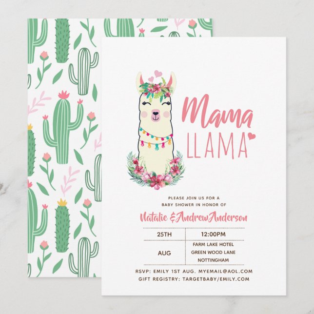 Invitación Mama Llama Baby Shower Fiesta Cacti Cute Chicas (Anverso / Reverso)