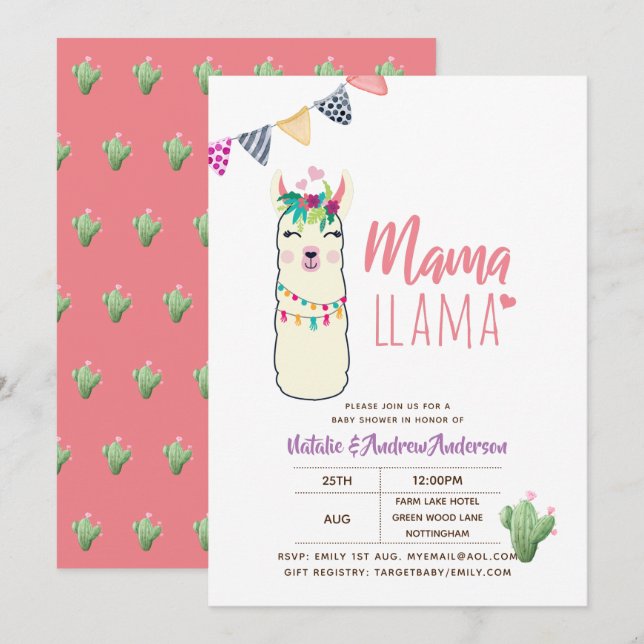 Invitación Mama Llama Baby Shower Fiesta Cacti Cute Chicas (Anverso / Reverso)