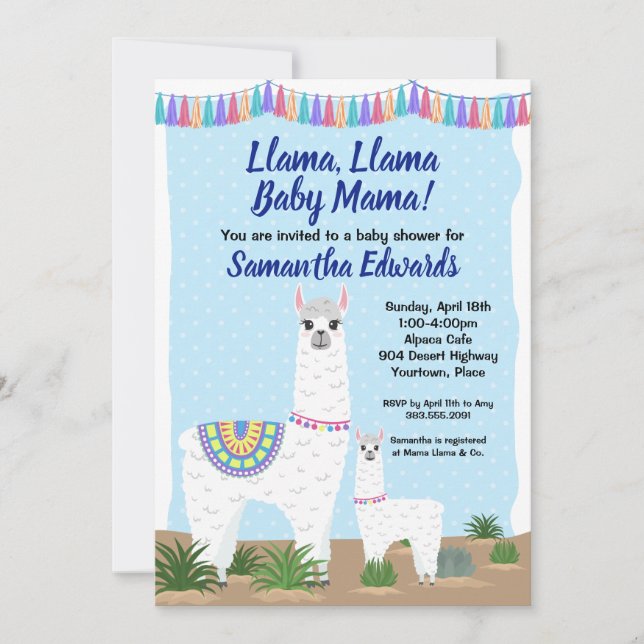 Invitación Mama Llama y Baby Blue Polka Dot Baby Shower (Anverso)