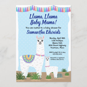 Invitación Mama Llama y Baby Blue Polka Dot Baby Shower