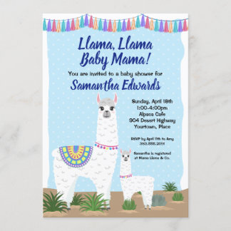 Invitación Mama Llama y Baby Blue Polka Dot Baby Shower