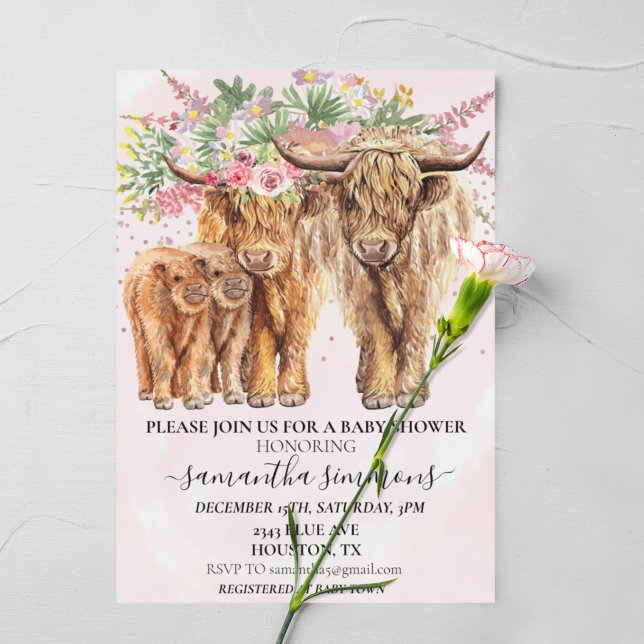 Invitación Mamá melliza rosa papá Highland Cow Calf Baby Show (Subido por el creador)
