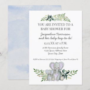 Invitación Mamá Niño Elefante Foliage Pastel Ducha Azul